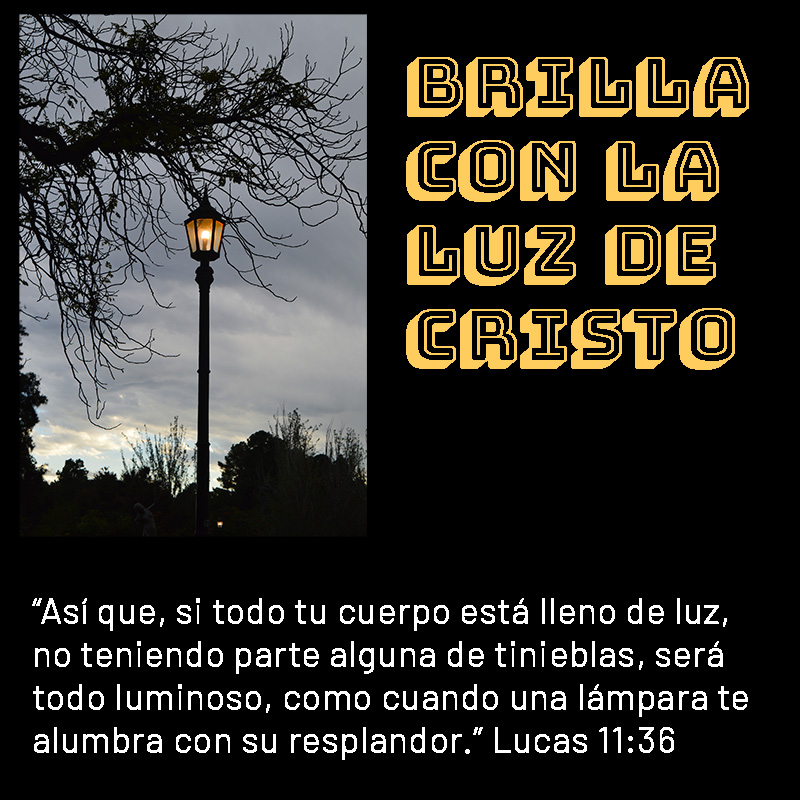 Brilla con la luz de Cristo “Así que, si todo tu cuerpo está lleno de luz, no teniendo parte alguna de tinieblas, será todo luminoso, como cuando una lámpara te alumbra con su resplandor.” Lucas 11:36