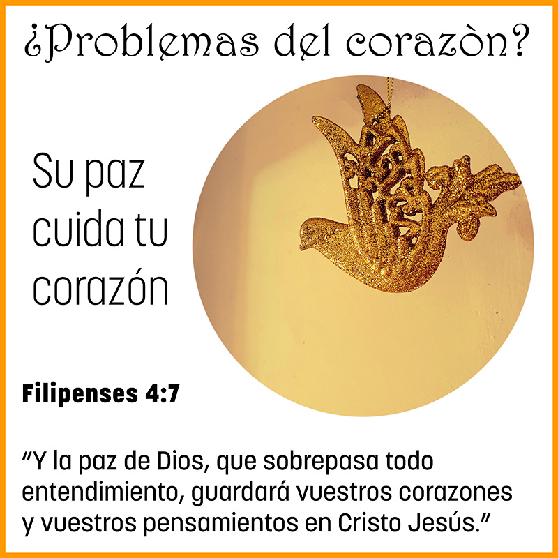 ¿Problemas del corazón? “Y la paz de Dios, que sobrepasa todo entendimiento, guardará vuestros corazones y vuestros pensamientos en Cristo Jesús.” Filipenses 4:7 Su paz cuida tu corazón