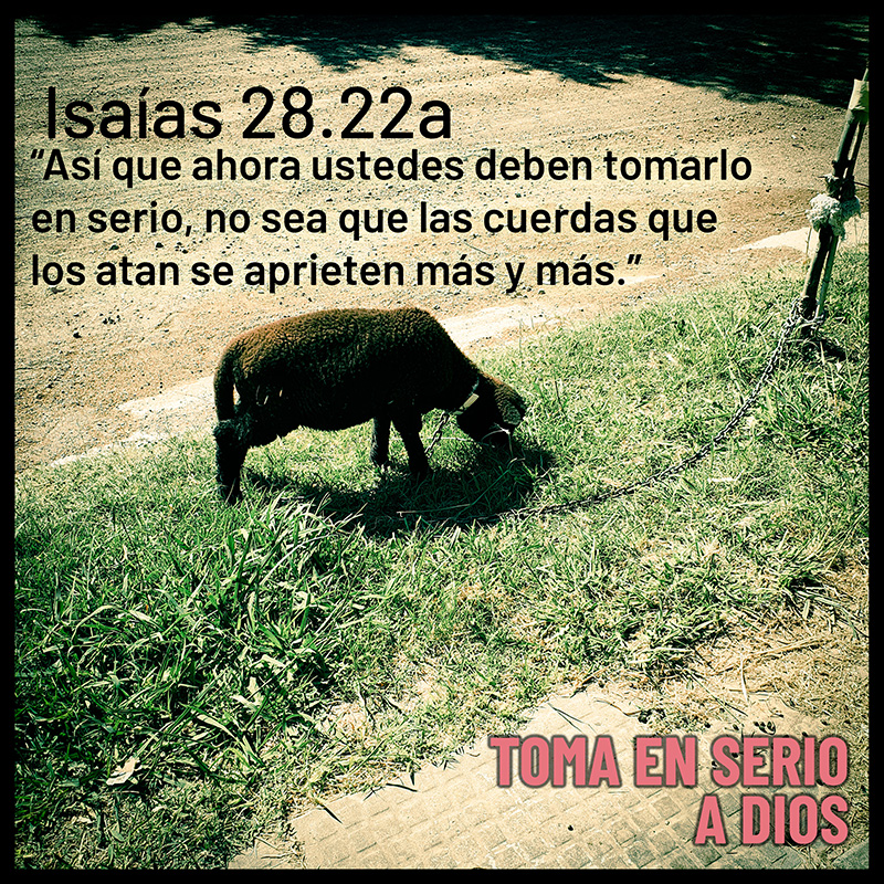 "Así que ahora ustedes deben tomarlo en serio no sea que las cuerdas que los atan se aprieten más y más. Porque he oído que el Señor DIOS Todopoderoso ha decidido destruir todo el país." Isaías 28.22 PDT