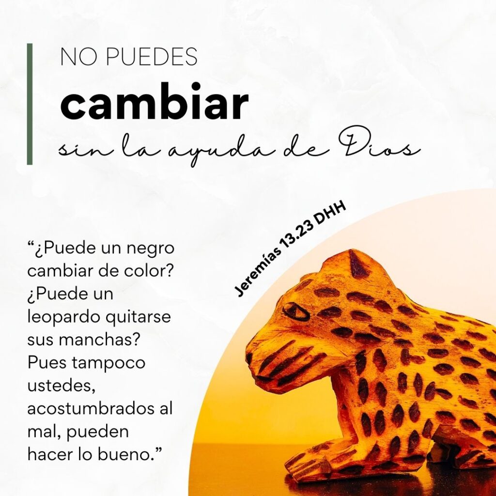 No puedes CAMBIAR sin la ayuda de DIOS "¿Puede un negro cambiar de color? ¿Puede un leopardo quitarse sus manchas? Pues tampoco ustedes, acostumbrados al mal, pueden hacer lo bueno." Jeremías 13:23 DHH