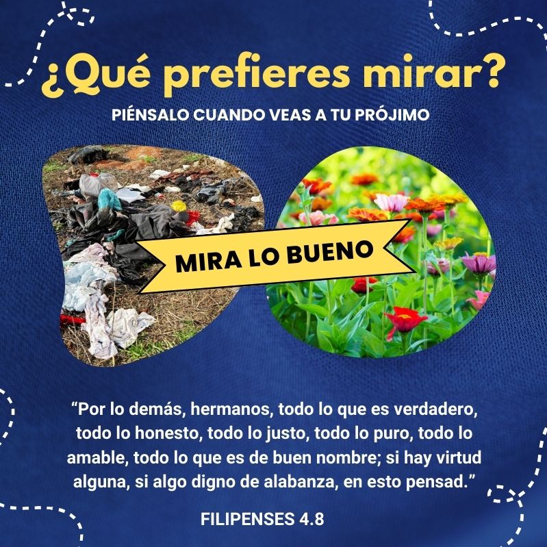 ¿Qué prefieres mirar? ¿Un basural o un jardín? Piénsalo cuando veas a tu prójimo “Por lo demás, hermanos, todo lo que es verdadero, todo lo honesto, todo lo justo, todo lo puro, todo lo amable, todo lo que es de buen nombre; si hay virtud alguna, si algo digno de alabanza, en esto pensad.” Filipenses 4.8 Mira lo bueno, piensa en lo bueno