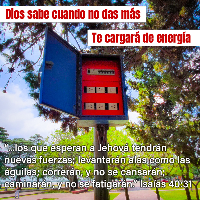 Dios sabe cuando no das más, te cargará de energía “...los que esperan a Jehová tendrán nuevas fuerzas; levantarán alas como las águilas; correrán, y no se cansarán; caminarán, y no se fatigarán.” Isaías 40:31