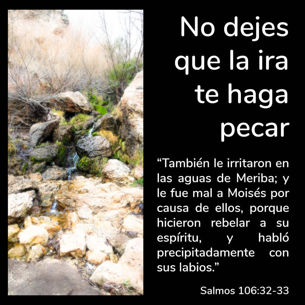 ¡No dejes que la ira te haga pecar!

"También le irritaron en las aguas de Meriba; Y le fue mal a Moisés por causa de ellos, Porque hicieron rebelar a su espíritu, Y habló  precipitadamente con sus labios."
Salmos 106:32-33