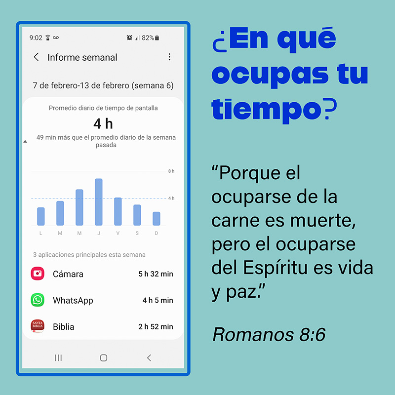 ¿En qué usas tu tiempo? “Porque el ocuparse de la carne es muerte, pero el ocuparse del Espíritu es vida y paz.” Romanos 8:6