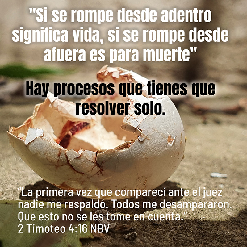 "Si el huevo se rompe desde adentro significa vida, si se rompe desde afuera es para muerte"
Hay procesos que tienes que resolver solo.
“La primera vez que comparecí ante el juez nadie me respaldó. Todos me desampararon. Que esto no se les tome en cuenta.” 2 Timoteo 4:16 NBV