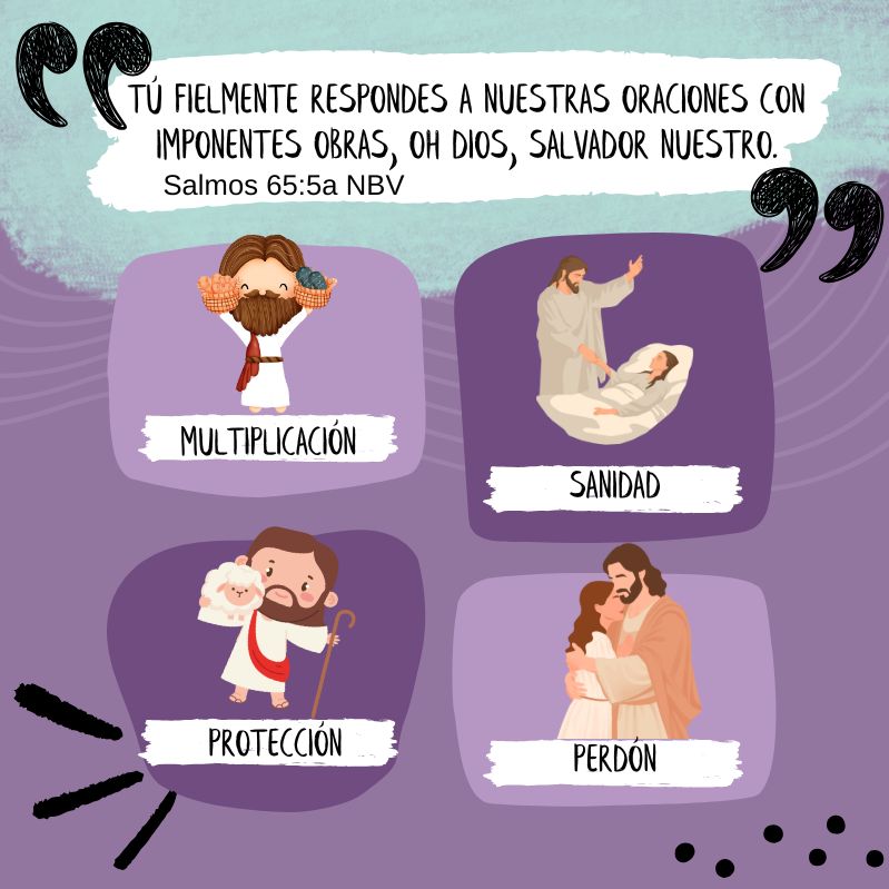"Tú fielmente respondes a nuestras oraciones con imponentes obras, oh Dios, Salvador nuestro." Salmos 65:5a NBV