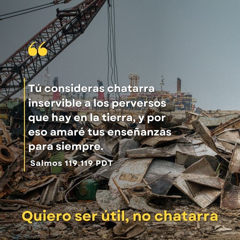 "Tú consideras chatarra inservible a los perversos que hay en la tierra, y por eso amaré tus enseñanzas para siempre."
Salmos 119.119 PDT

Quiero ser útil, no chatarra