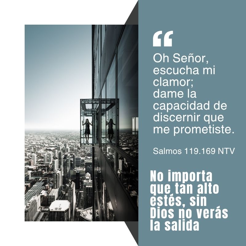 "Oh Señor, escucha mi clamor; dame la capacidad de discernir que me prometiste."
Salmos 119.169 NTV
No importa que tan alto estés, sin Dios no verás la salida