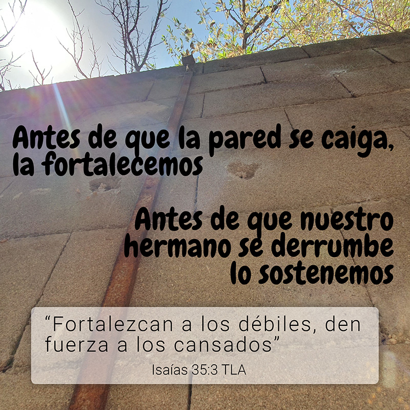 Antes de que la pared se caiga, la fortalecemos
Antes de que nuestro hermano se derrumbe lo sostenemos

“Fortalezcan a los débiles, den fuerza a los cansados”
Isaías 35:3 TLA